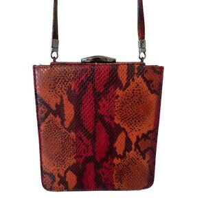 Vintage Lamarthe Italy Snake Print Leather Shoulder Bag Wine Metal Clasp Closure